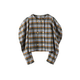 Tineit Plaid Chic Short Jacket Women Double Breasted Long Puff Sleeve O-neck Loose Street Coat Female Woolen 2025 Autumn Outwear Top