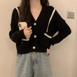 thanksgiving outfit Tineit Autumn Cropped Knitting Cardigans Women Y2K Fashion Chic V Neck Patchwork Outwear Korean Loose Single Breasted All Match Sweater