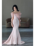 Tineit Pretty Mermaid Strapless Pink Sequin Long Evening Dress Prom Dresses With Bow (PRE-ORDER)