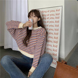 thanksgiving outfit Tineit Korean Striped Sweater Women Loose Lazy Fall Winter O-Neck Knitted Pullover Harajuku Sweet Pretty Style School Jumpers Tops