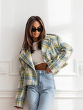 Tineit Plaid Short Woolen Jacket Women Double Breasted Turn-down Collar Casual Chic Long Sleeve Coats 2025 Autumn New Street Outwear