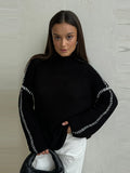 Tineit Knitted Striped Pullover Women Turtleneck Elegant Loose Contrast Color Long Sleeve Sweater 2025 Autumn Chic All-match Jumper Top