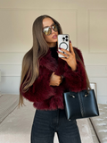 Tineit Burgundy Red Chic Women's Fluffy Faux Fur Short Jacket Women Elegant Lapel Long Sleeve Plush Coat Female Warm Cropped Streetwear