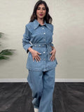 Tineit Denim Coat Pants Sets Women Single Breasted Lapel Belts Jacket Top Wide Leg Trousers Suits Female 2 Pieces Casual Street Outfits