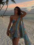 Tineit Women Chic Printed Diagonal Shoulder Mesh Dress Sexy Hollow Out Sleeveless Backless Mini Dresses 2024 New Lady Holiday Beachwear