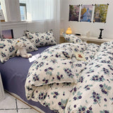 Tineit Ins Floral Bedding Set Soft Duvet Cover with Zipper No Filler Flat Sheet Pillowcase Cream Green Twin Queen Size Bed Linens