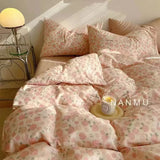 Tineit Romantic Rose Pink Floral Bedding Set Double Size Flat Sheet Duvet Cover and Pillowcase For Girls Soft Bed Linen Home Textile