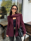 Tineit Chic Women's Burgundy Scarf Collar Woolen Suit Jacket 2025 Elegant Flap Pockets Single Breasted Coat Female New Office Outerwear