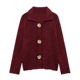 Tineit Knitted Button Chic Cardigans Women Flower Pattern Turn-down Collar Loose Long Sleeve Sweater Female 2025 Autumn Casual Coat Top