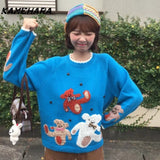 Tineit Sweet Japanese College Style Cartoon Teddy Bear Jacquard Design Pullover Sweaters Autumn Winter Warm Knit Y2k Pullovers