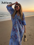 Tineit Loose Striped Print linen Maxi Dress Women Fashion V-neck Lantern Sleeve Female Holiday Dresses 2024 Summer Lady Beach Robes New