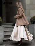 Tineit Elegant Blazers Satin Skirt Sets Women Loose Open Stitch Suit Coat Pleated  Solid A Line Skirt 2024 Autumn Lady Commute Outfits