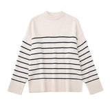 Tineit Beige Stripe Baggy Sweater Women Pullover Streetwear Long Sleeve Knitted Tops Female Jumper Autumn Winter Loose Knitted Sweaters