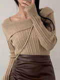 Tineit Solid Lapel Neck Slim Knit Sweater