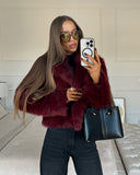 Tineit Burgundy Red Chic Women's Fluffy Faux Fur Short Jacket Women Elegant Lapel Long Sleeve Plush Coat Female Warm Cropped Streetwear