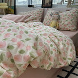 Tineit Ins Floral Bedding Set Soft Duvet Cover with Zipper No Filler Flat Sheet Pillowcase Cream Green Twin Queen Size Bed Linens