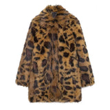 Tineit Retro Leopard Faux Fur Women Jacket Thicken Loose Full Sleeve Female Maxi Coat 2025 Autumn Winter Button Lapel Lady Overcoat