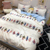 Tineit Cute Bear Bedding Set Cartoon Floral And Animal Duvet Cover Blue Flat Sheet Soft Polyester Kawaii Queen Full Size Bed Linen