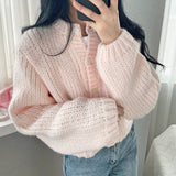 Tineit Round Neck Lantern Sleeve Knitted Cardigan