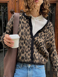 Tineit Leopard Print Chic Cardigan Women Knitted Long Sleeve O-neck Single Breasted Sweater 2025 Autumn Casual Loose Elegant Coats Tops