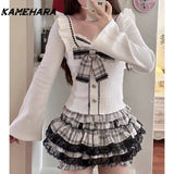 Tineit Cute Soft Girl Style Gray White Checkered Lace Patchwork Short Skirt Bow Waist Cinching Patchwork Top Autumn Y2k Sets