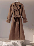 Tineit Suede Women Long Coat With Belt Vintage Lapel Double Breasted Split Lady Overcoat 2025 New Autumn Lady Long Jacket Street Tops