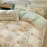 Tineit Ins Bedding Set Cream Green Floral Twin Queen Size Duvet Cover Flat Sheet Pillowcase No Filler Girl Boy Gift Home Bed Linens