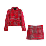 thanksgiving outfit Tineit Autumn/Winter New Product Women's Wear with Shoulder Pads, Coarse plaid Texture Coat, High Waist Skirt Pants Set