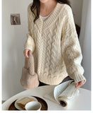 Tineit 2024 Fall Fashion V Neck Pullover Cable Knit Sweater