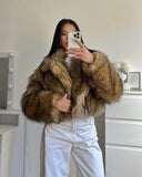 Tineit 2025 Chic Faux Fox Fur Warm Cropped Coat For Women Winter Thicken Lapel Long Sleeve Fluffy Jacket Female Fashion Thermal Outwear