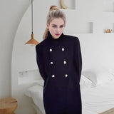 Tineit Elegant Women's Woolen Pea Coats Loose Stand Collar Double Breasted Full Sleeve Female Jacket 2024 Autumn Winter Lady Overcoat