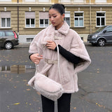 Tineit Faux Fur Short Sleeve Coat Women Oversize Loose Turn-down Collar Fashion Outwear Furry 2025 Autumn Pocket Chic Warm Jacket Tops