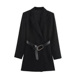 Tineit Elegant Long Blazer Coat Women Belts Single Breasted Black Notched Long Sleeve Pocket Suit Jacket Female 2025 Spring Street Top