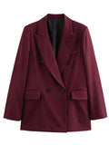 Tineit 2024 Chic Burgundy Red Double Breasted Suit Jacket Women Elegant Lapel Long Sleeve Flap Pockets Blazer Coat Lady Commute Outwear