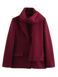 Tineit Chic Women's Burgundy Scarf Collar Woolen Suit Jacket 2025 Elegant Flap Pockets Single Breasted Coat Female New Office Outerwear