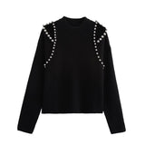 Tineit Beading Knitted Sweater Women Elegant Loose Long Sleeve 2025 Spring Pullovers Female All-match Street Black Sweaters Jumper Top