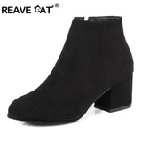 cold weather outfits Tineit size 34-45 fashion Autumn Spring flock Women ankle boots Thick heel Black Beige shoes Flock CCA064