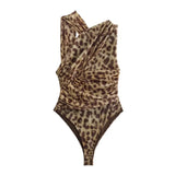 Tineit 2024 Woman Body Leopard Print Mesh Sleeveless Bodysuit Women Summer Tulle Off Shoulder Tight Bodysuit Lingerie Sexy Body