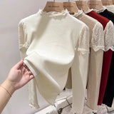 thanksgiving outfit Tineit Lace Patchwork Knitted Sweater Women Chic Elegant Stand-Collar Fall Winter Tops Solid Ruffled Long-Sleeve Sweet Jumpers Pullover