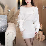 thanksgiving outfit Tineit Sexy Knit Dress Women Elegant Slant Shoulder Button Slim Solid Fall Winter Sweater Fashion Chic Harajuku Y2K Office Lady Dress