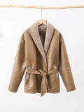 Tineit Thick Plush Leather Outwear Coat Women Crocodile Pattern Single Breasted Belt Lapel 2025 Winter Chic Jacket Long Sleeve Overcoat