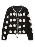 Tineit 3D Flower Lace Up Women Sweaters Hollow Out O Neck Female Cardigan 2025 Vintage Autumn Embroidery Loose Full Sleeve Lady Top