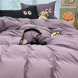 Tineit Ins Big Eye Cream Purple Solid Color Bedding Set Girls Boys Double Size Flat Sheet Duvet Cover Pillowcase Bed Linen Home Textile