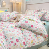 Tineit INS Girls Cherry Bedding Set Soft Washed Cotton Bed Sheet Queen King Size Simple Quilt Cover Pillowcase Bed Linens