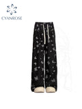 christmas outfit Tineit Women Black Gothic Y2k Print Pants 90s Streetwear Oversize Emo Wide Leg Pants Vintage Harajuku High Waist Trousers Clothes 2025