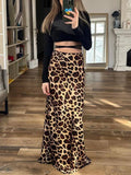 Tineit 2024 Vintage Women's Leopard Print Satin Skirt Female Summer High Waist Midi Skirt Woman Fashion Elegant Long Skirts