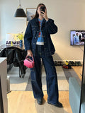 Tineit Denim Coat Pants Sets Women Single Breasted Lapel Pocket Loose Jacket Straight Trousers Suits 2 Pieces Female Vintage Spring