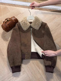 christmas outfit Tineit Women Brown Leather Jacket Coat Vintage Mustang Shearling Jacket 90s Fashion Outfits Korean Loose Outerwear Winter Clothes 2025