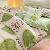 Tineit Cute Rabbit Carrot Bedding Set Soft Green Flat Sheet Quilt Cover Pillowcase Bed Linen Twin Queen Full Size Floral Duvet Cover