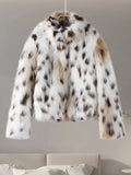 Tineit Leopard Print Faux Fur Short Coat Women Casual Single Breasted Plush Stand Collar Thick Outwear 2025 Autumn Zipper Fluffy Jacket